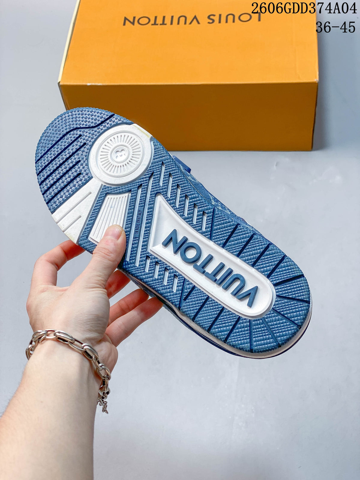 Blue-and-white patterned outsole of the sneaker