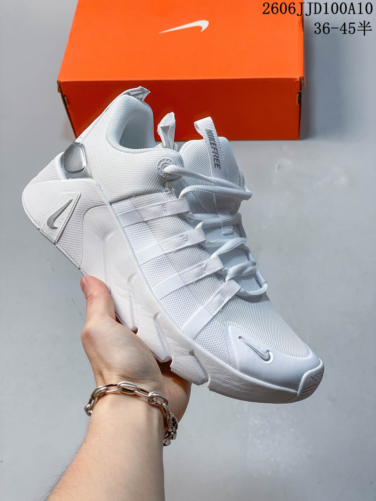 White Nike Free Metcon 7 shoe with tonal grey details.