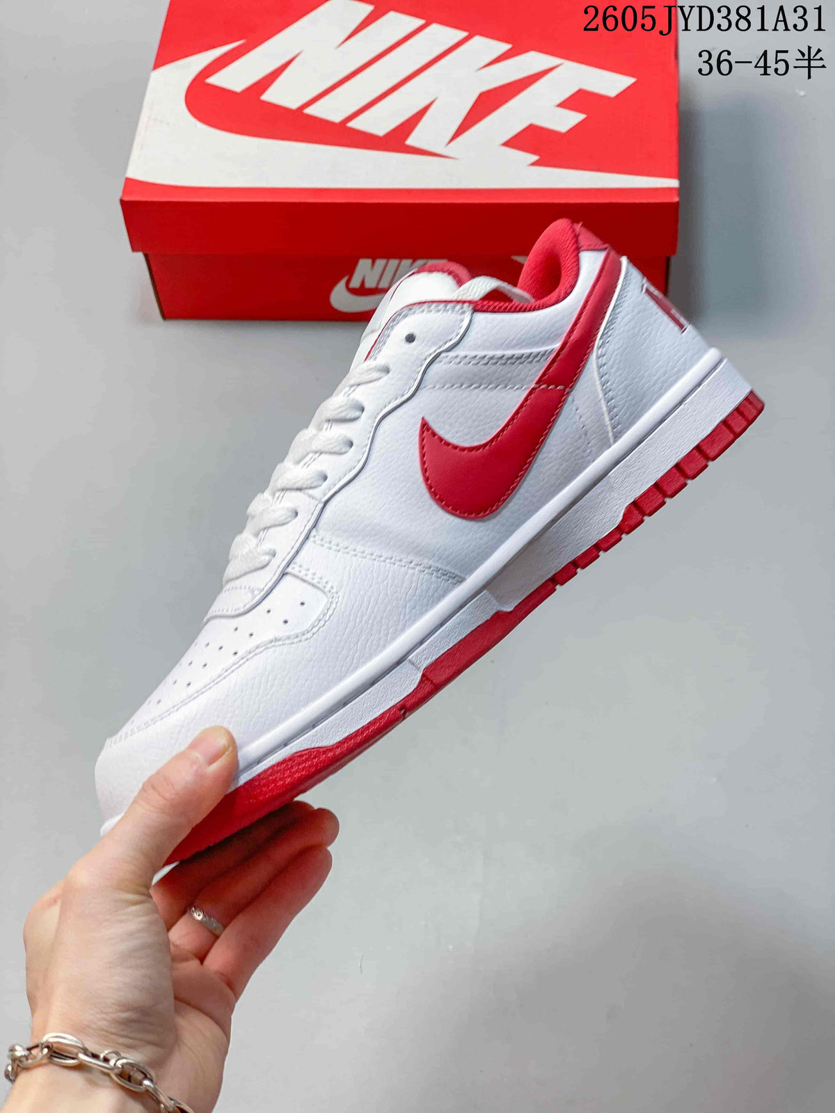 Side view of a white low-top sneaker with red Swoosh and red outsole