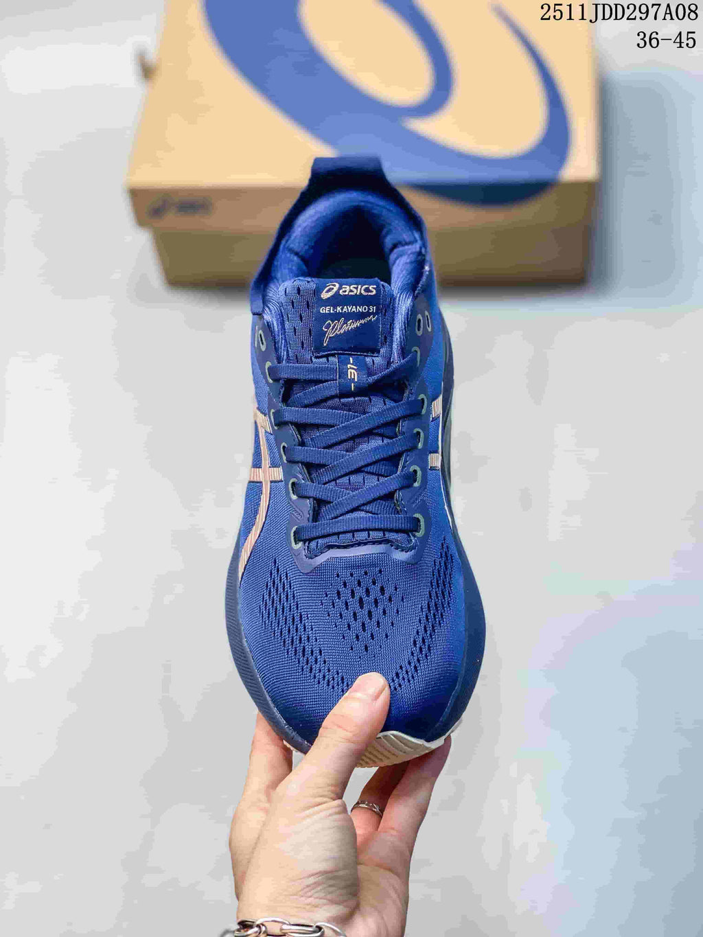 Top view showing the laces, perforated toe area, and GEL-KAYANO 31 tongue label