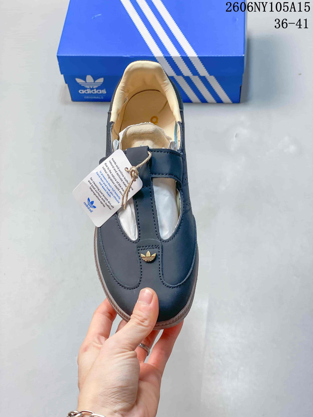 Top view of the Samba Jane shoe showing its Mary Jane-style strap and gold-tone trefoil accent.