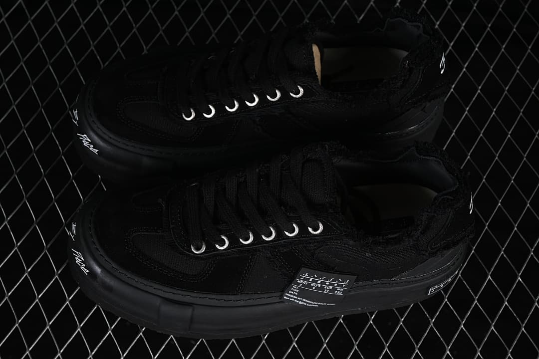 Pair of black low-top platform sneakers viewed from above