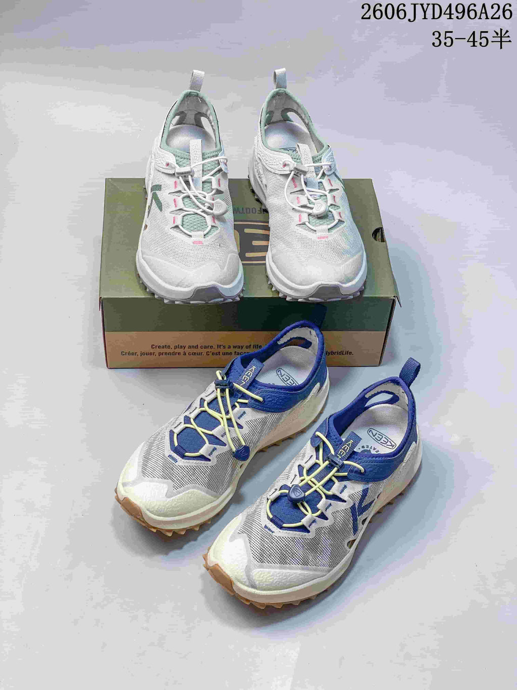 Two pictured colorways of low-top KEEN hiking shoes