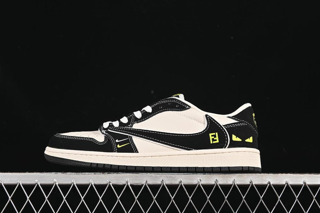 Side view of an off-white and black low-top sneaker with yellow graphic accents.