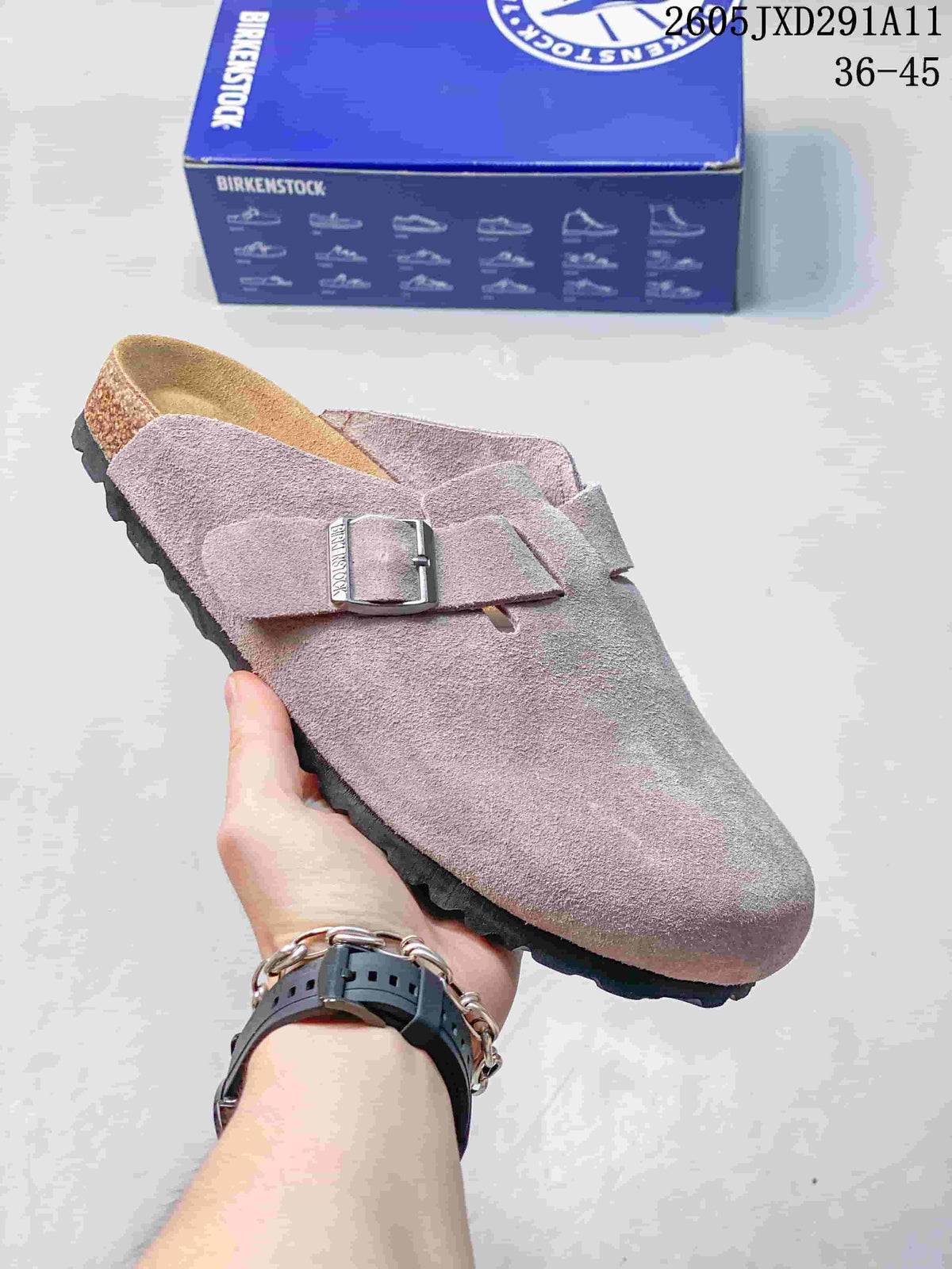 Mauve suede-like Zurich-style clog sandal with an adjustable buckle strap; box and size-range overlay in the background
