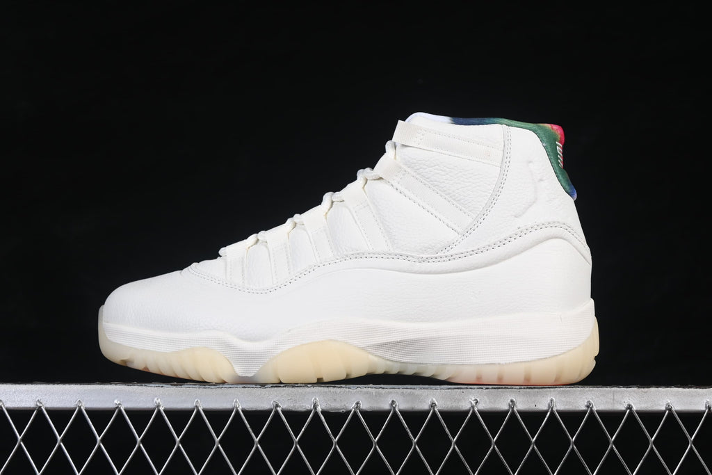 Side profile of a white high-top sneaker with a translucent-looking outsole.