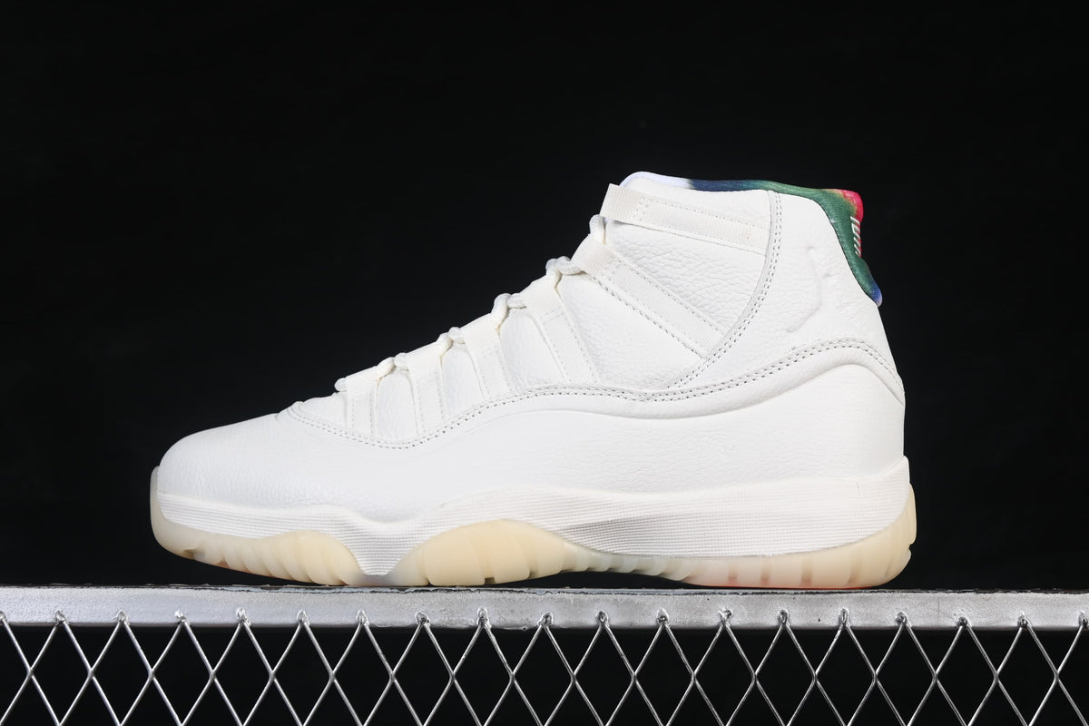 Side profile of a white high-top sneaker with a translucent-looking outsole.