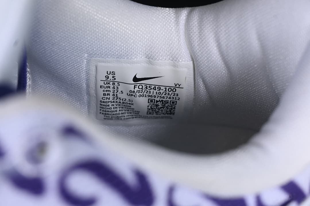Interior size label showing EU 43 and style code FQ3549-100