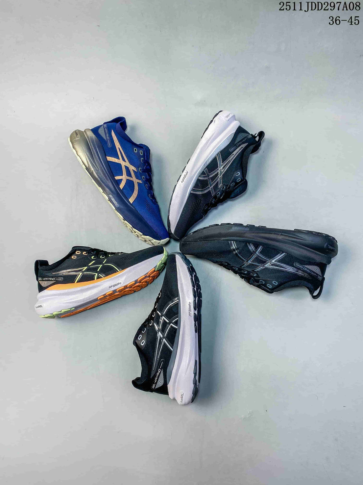 Several ASICS running shoes arranged together in different colorways
