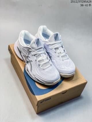 Pair of white and light gray ASICS SKY ELITE FF 3 sneakers displayed on an ASICS shoebox.