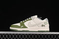 Side view of an olive green and off-white Nike SB Dunk Low with patterned laces and script detailing.