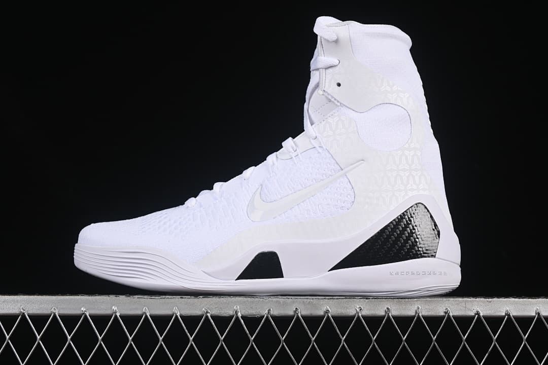 Side profile of a white and black Nike Kobe 9 Elite Protro high-top basketball shoe