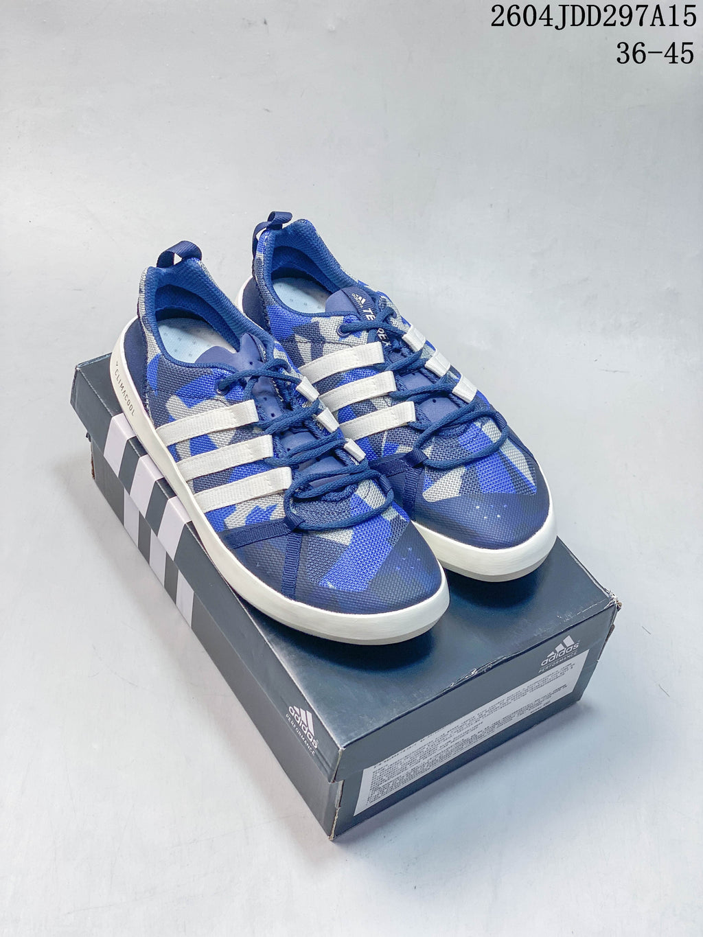 Pair of blue-and-white Adidas Terrex CC Boat water shoes shown from above