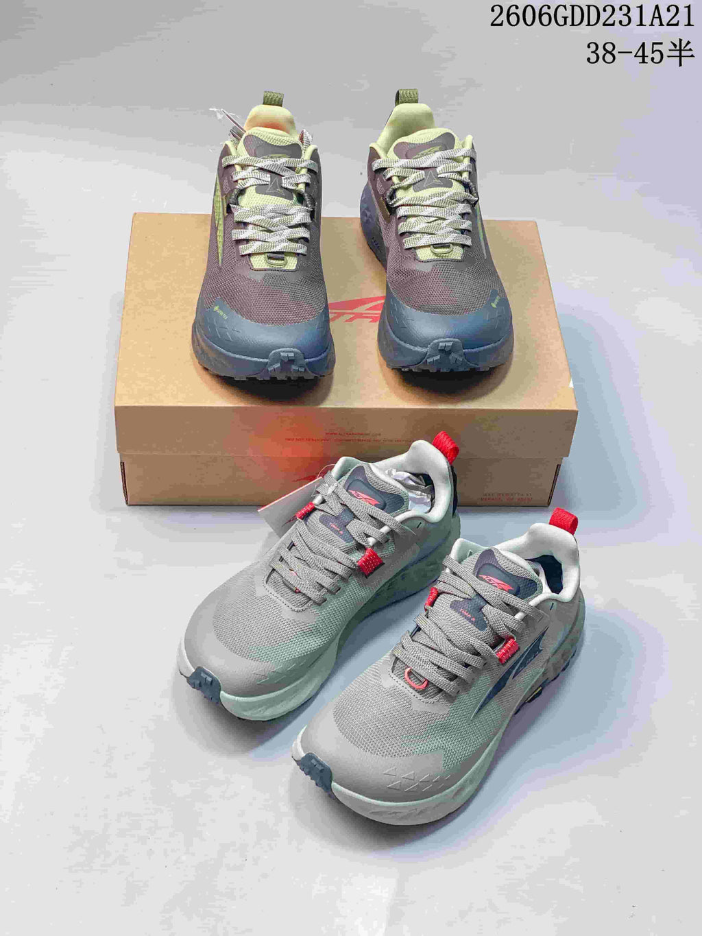 Two pictured colorways of ROA x Altra Timp 5 GTX trail shoes; image overlay shows size range 38–45.5.
