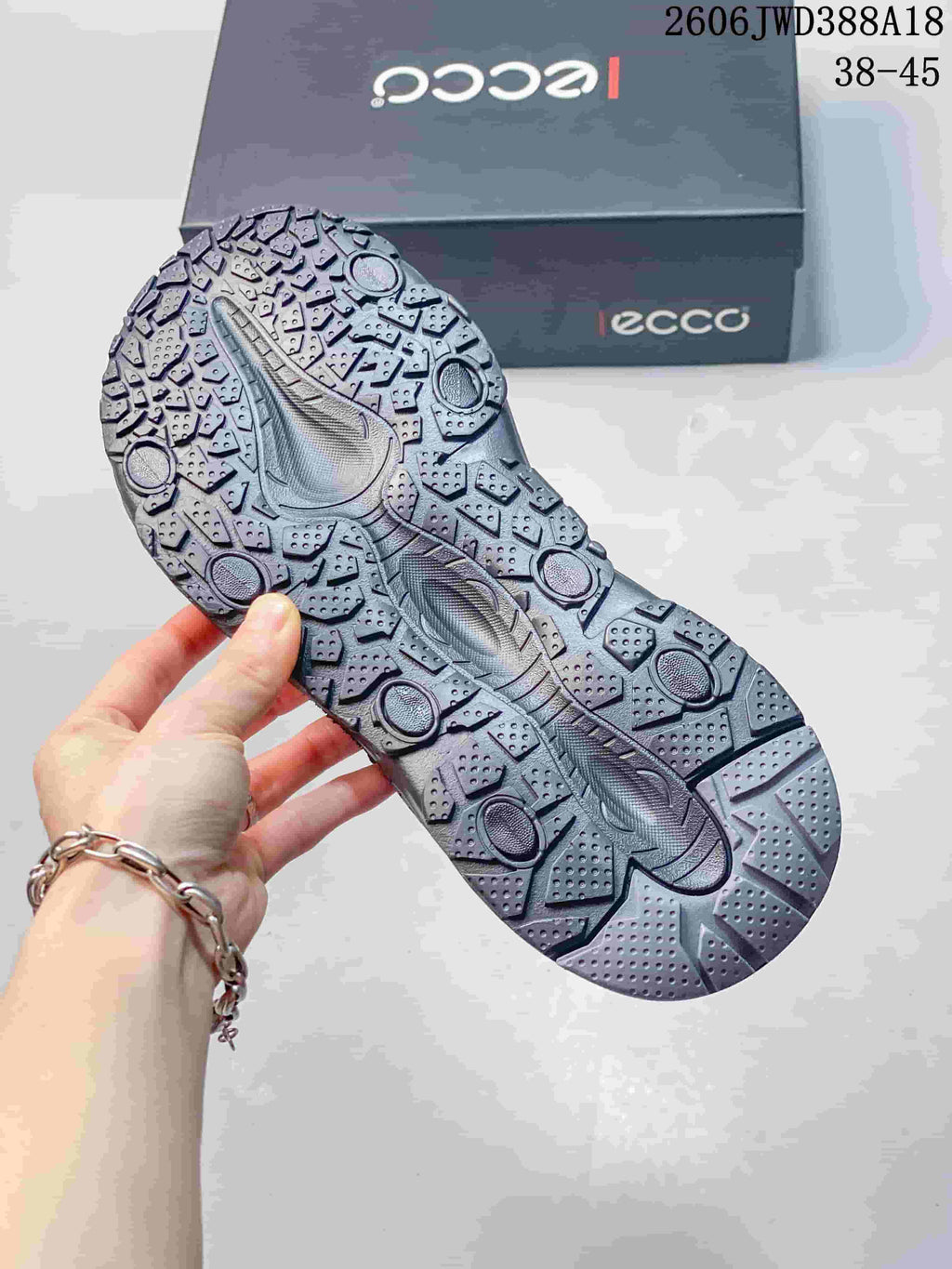 Close-up of the patterned outsole on a dark ECCO sandal