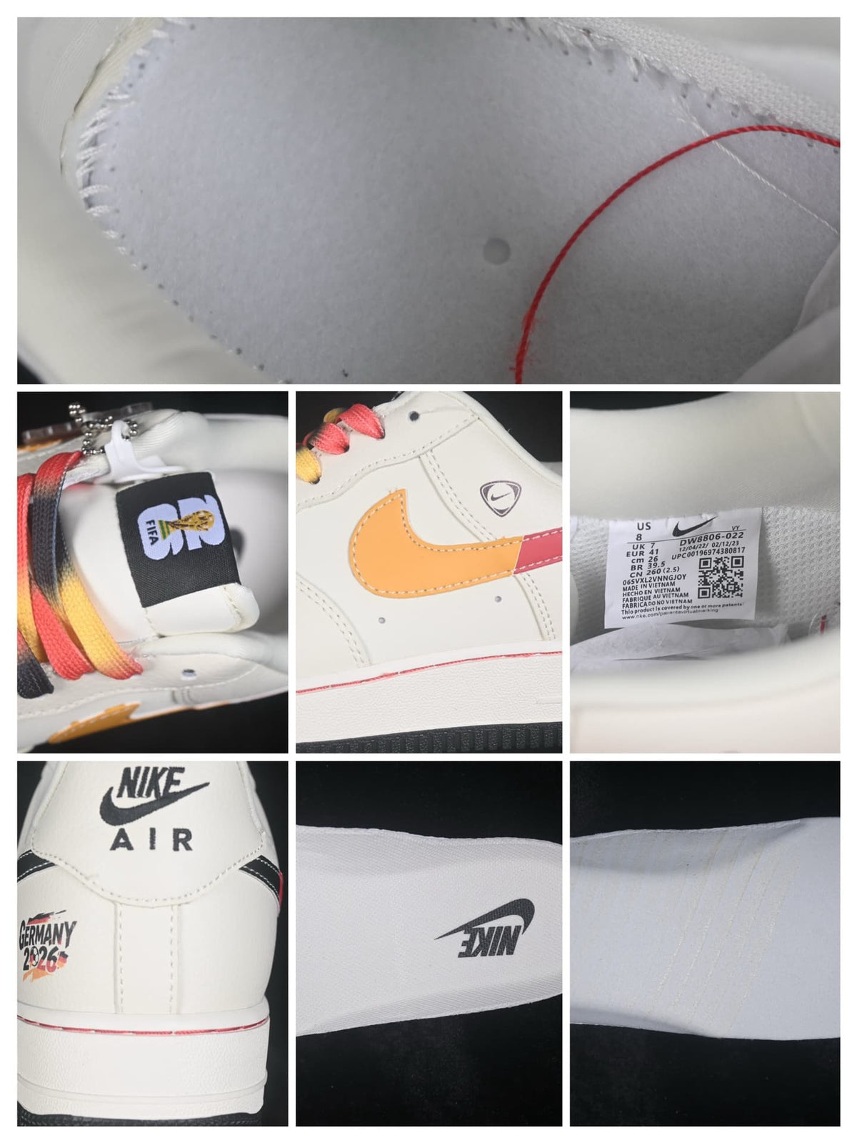 Detail collage showing the interior label, tongue branding, Swoosh detail, heel graphics, and size label.