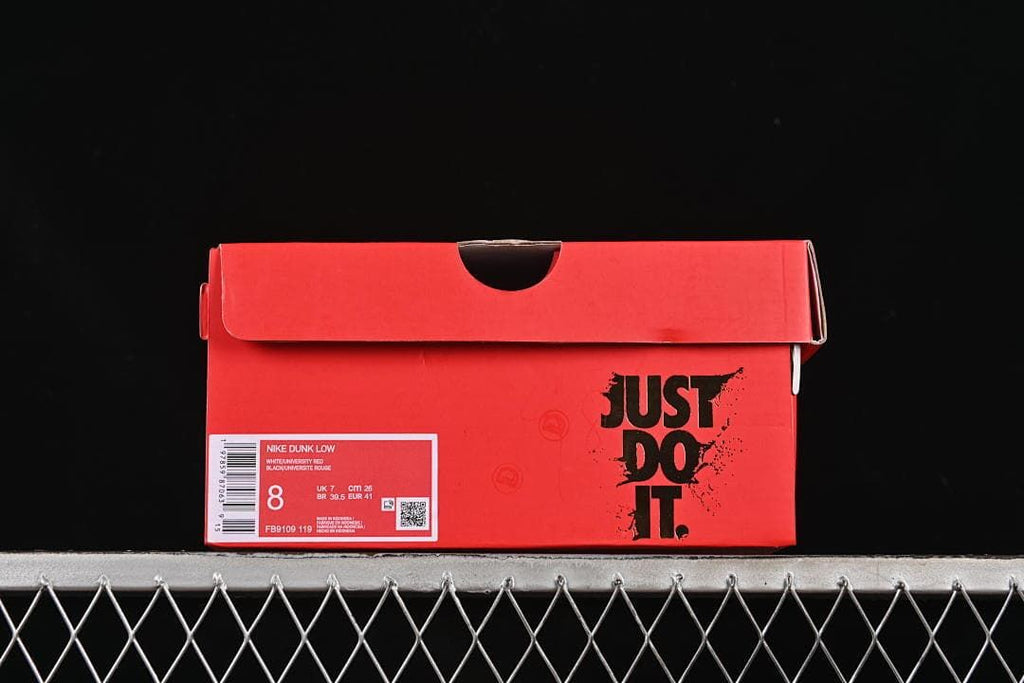 Red shoe box displaying the Nike Dunk Low name and style code FB9109-119