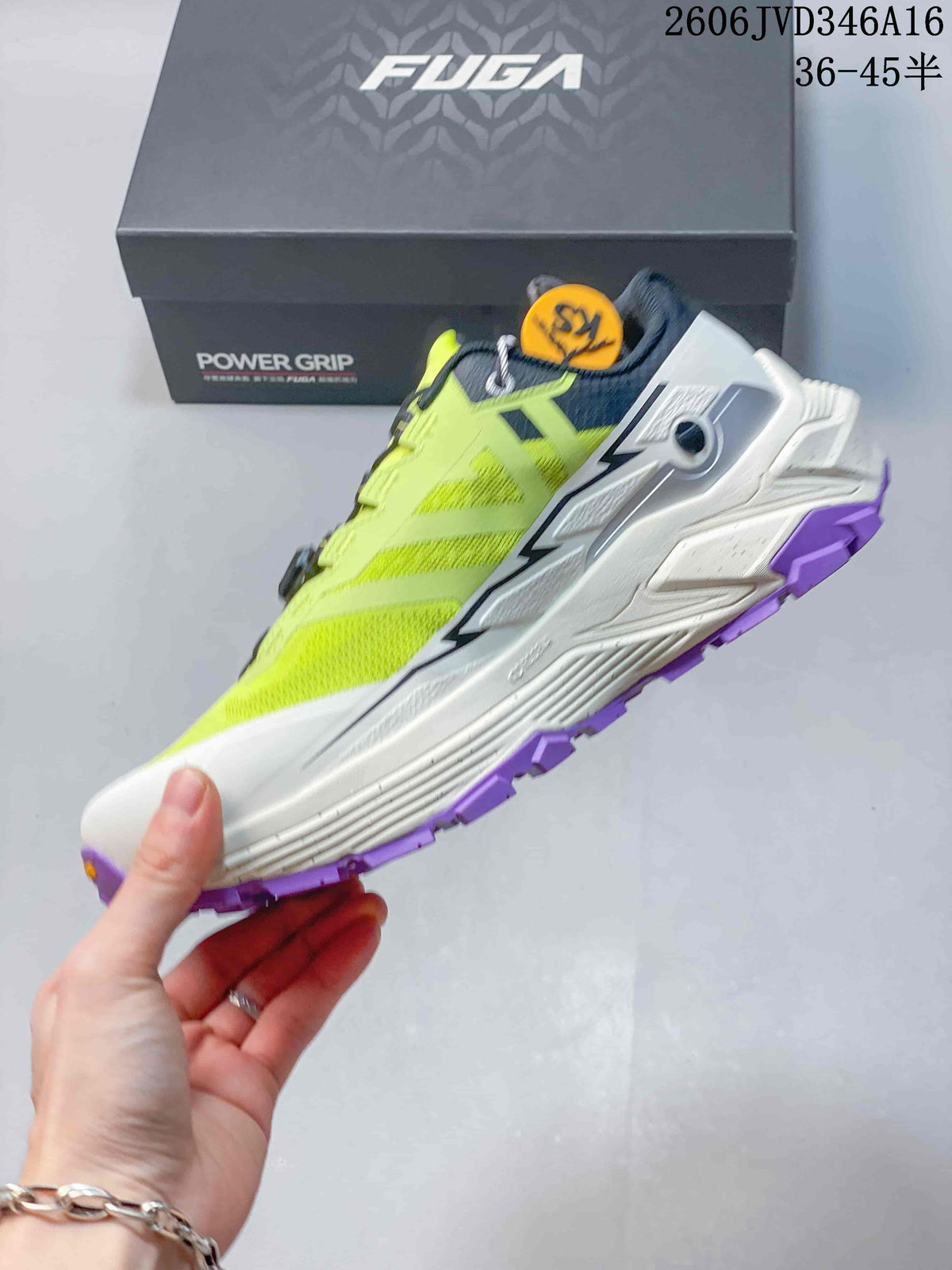 Side view of a neon yellow Kailas FUGA EX3 trail running shoe