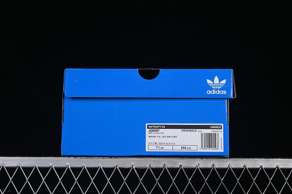 Blue adidas shoe box labeled Retropy E5 and JQ0007 with a sample size marking