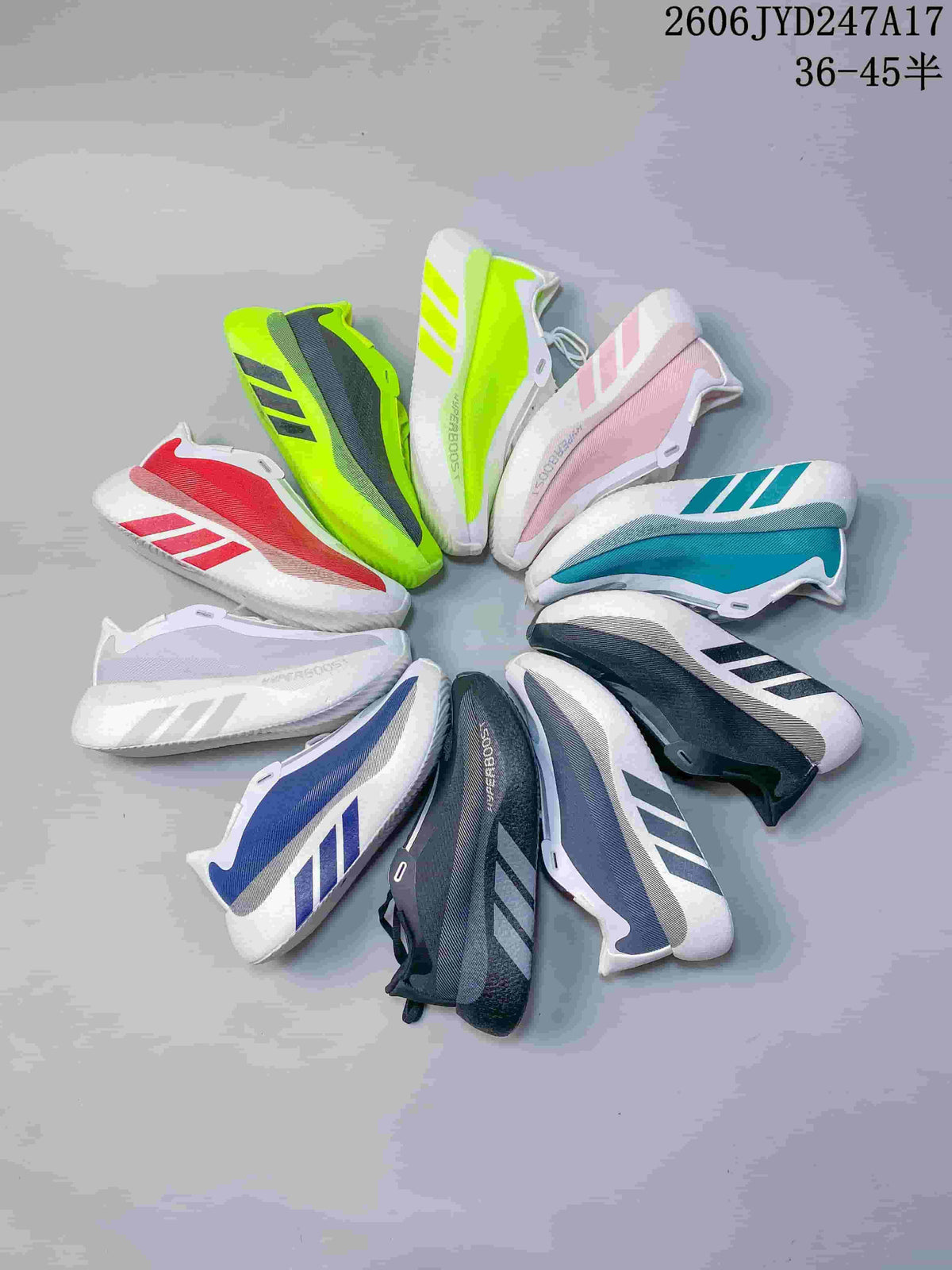 White Adidas HYPERBOOST EDGE M shoe with a dark gray side panel and contrasting sole.