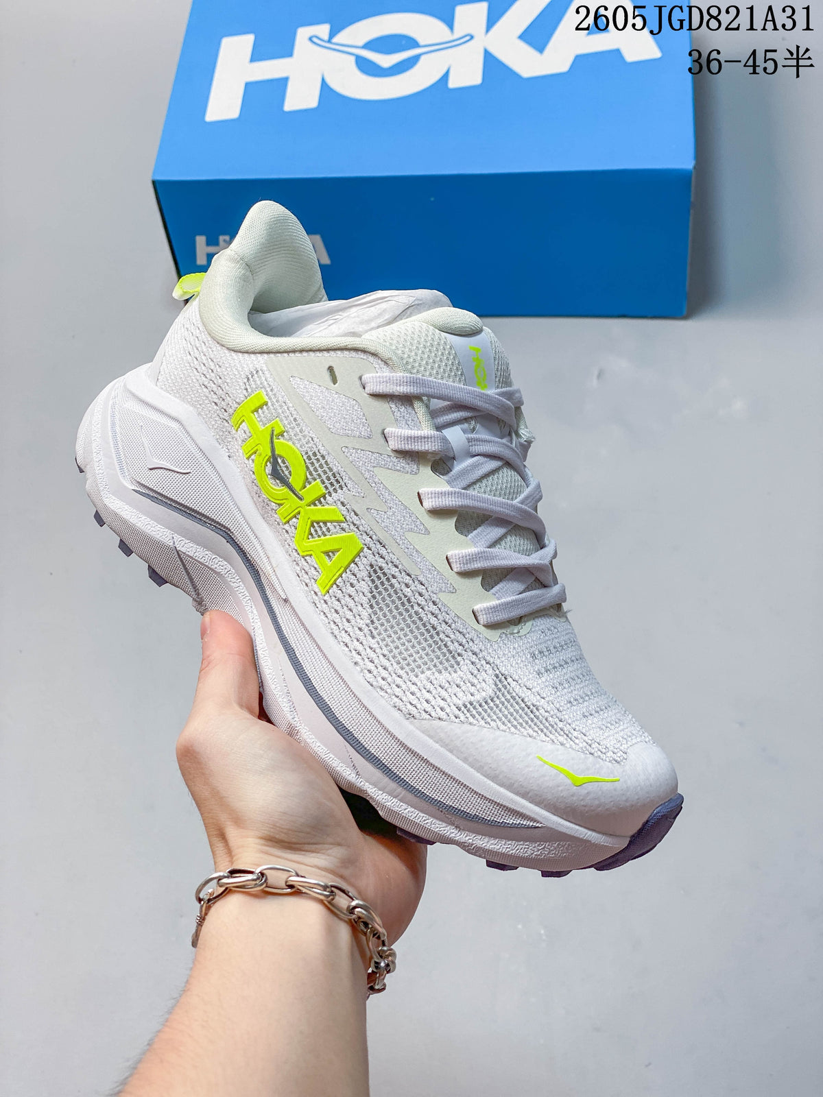 White HOKA Challenger 8 mesh running shoe with neon yellow-green accents