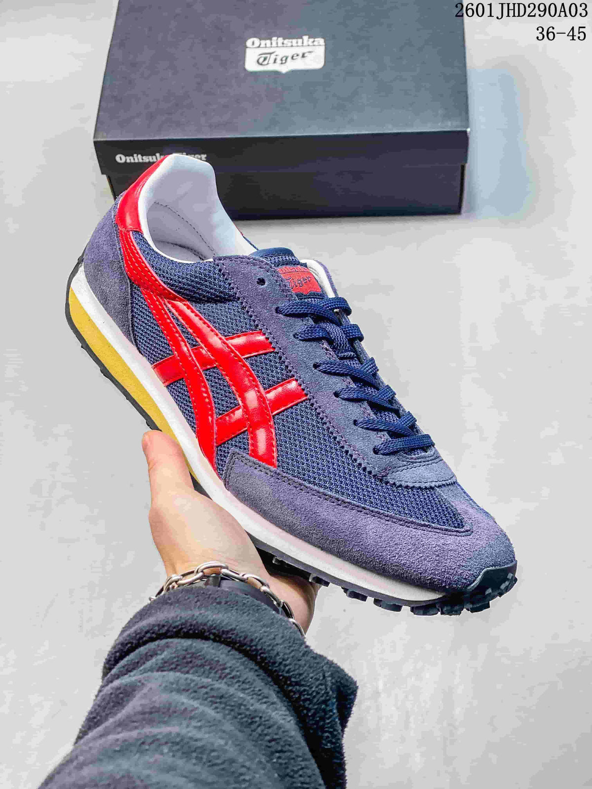 Navy mesh Onitsuka Tiger EDR 78 sneaker with red side stripes.