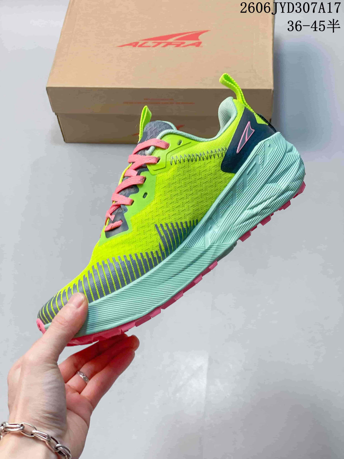 Side view of the lime green shoe with pink laces and aqua sole; image text lists sizes 36–45.5.
