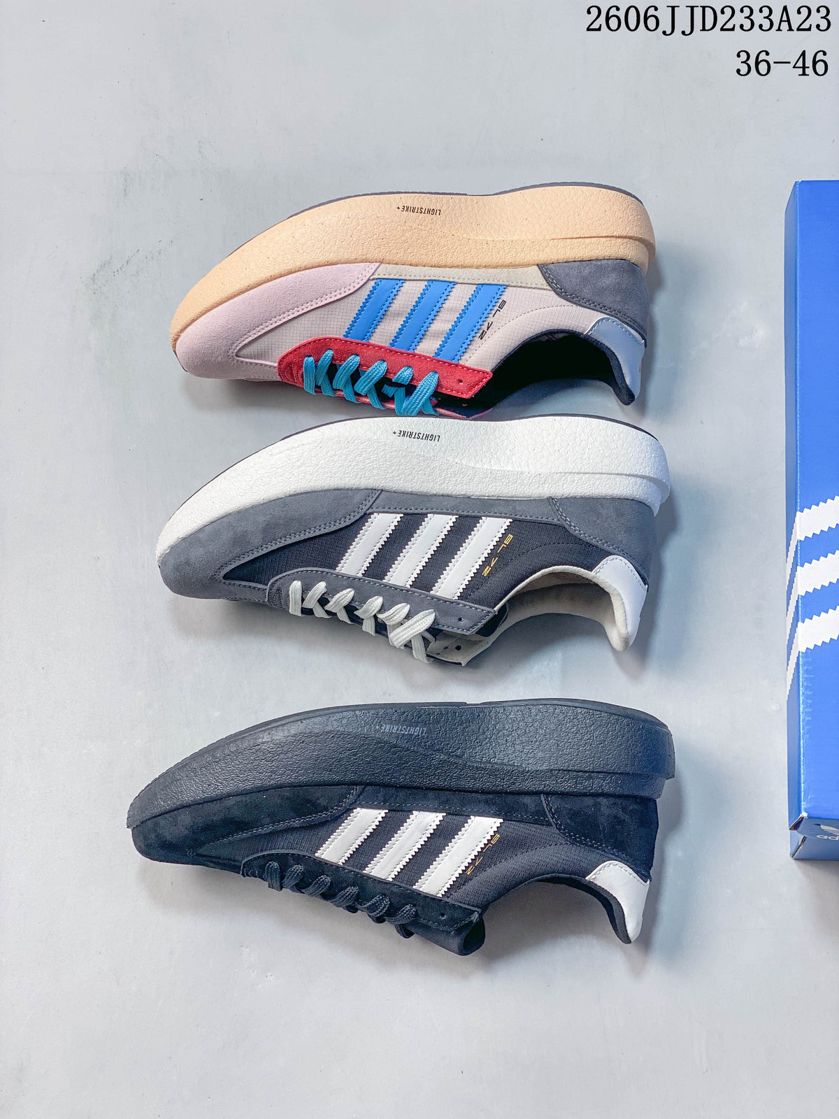 Three adidas Originals SL 72 Pro colorways shown from the side: pale pink with blue and red, grey and white, and grey and black.