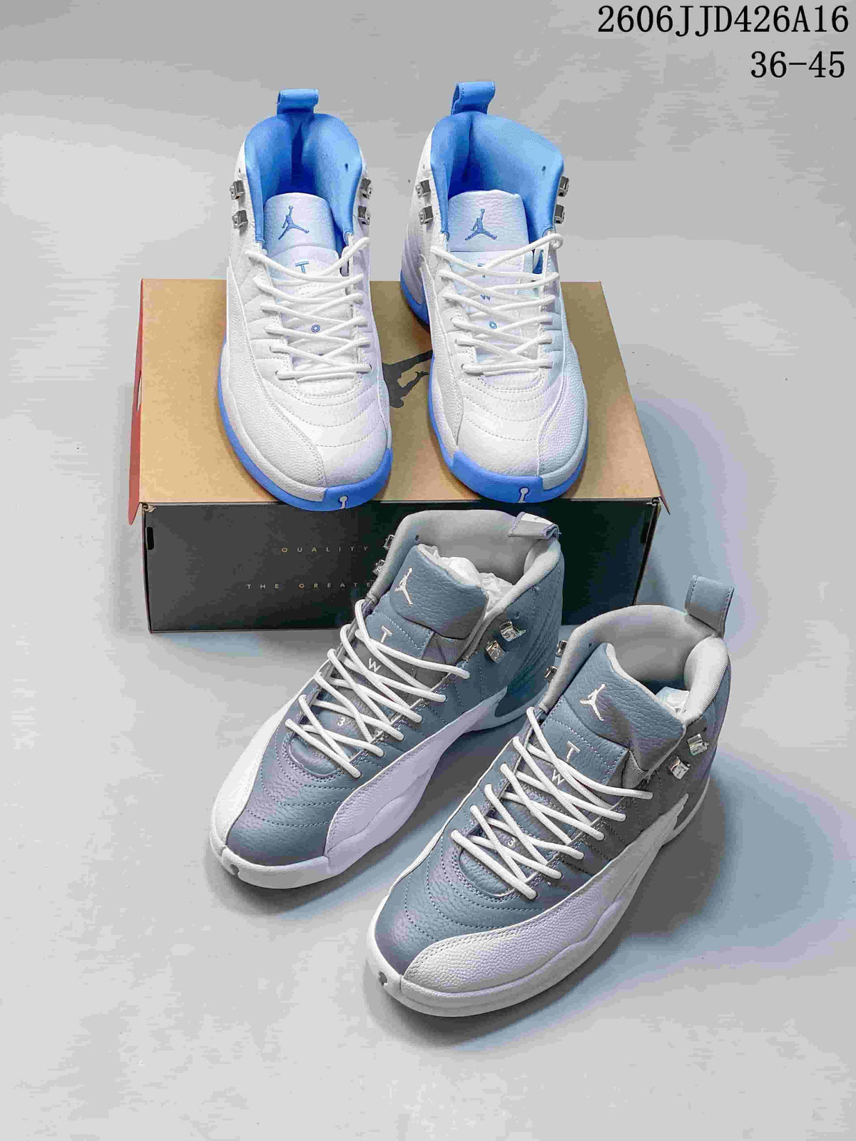 White and blue and gray and white high-top sneaker pairs shown together