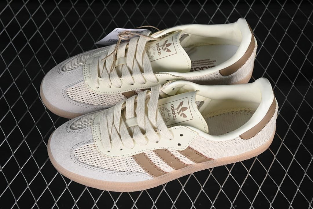 Pair of beige and brown adidas Samba OG sneakers viewed from above