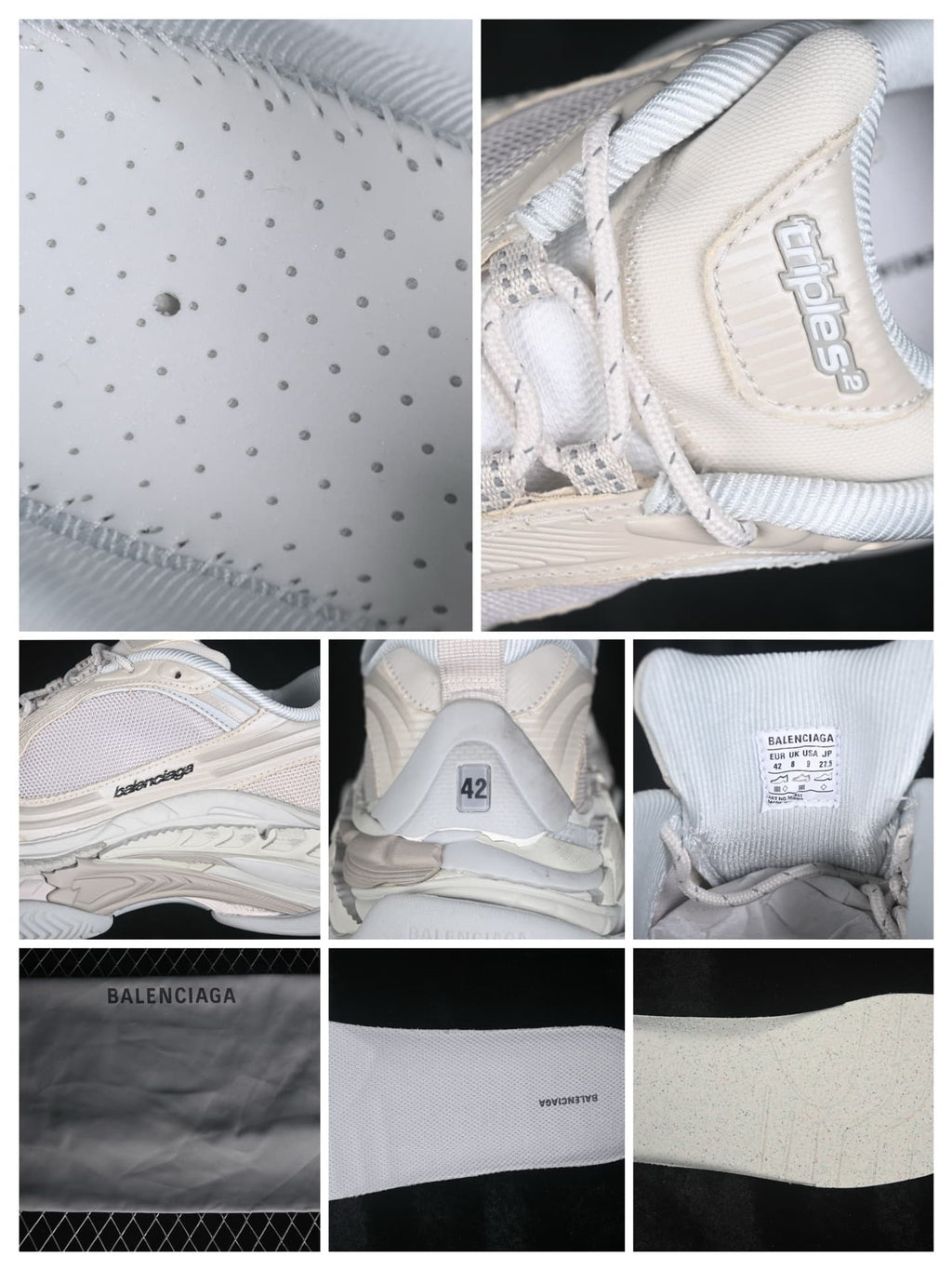 Detail collage showing the perforated upper, tongue branding, side logo, heel size marking, interior label, packaging and outsole texture.