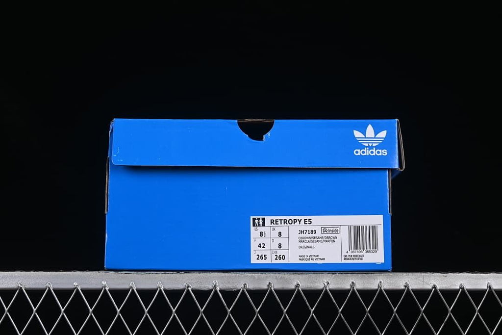 Adidas shoe box label showing Retropy E5, style JH7189, and sample size