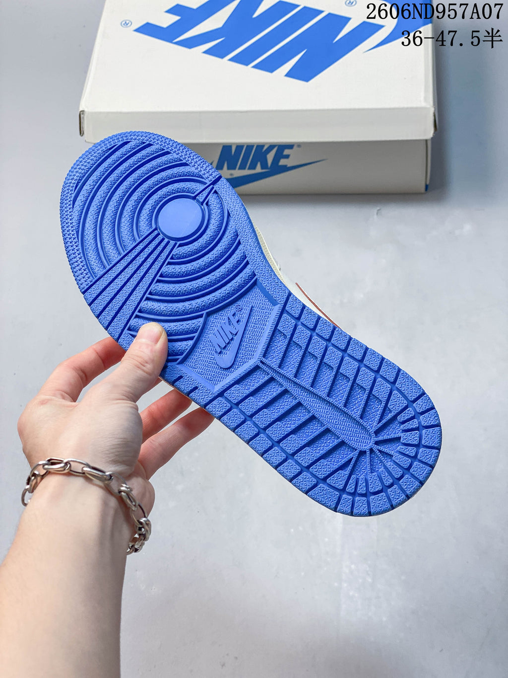 Blue rubber outsole shown from below
