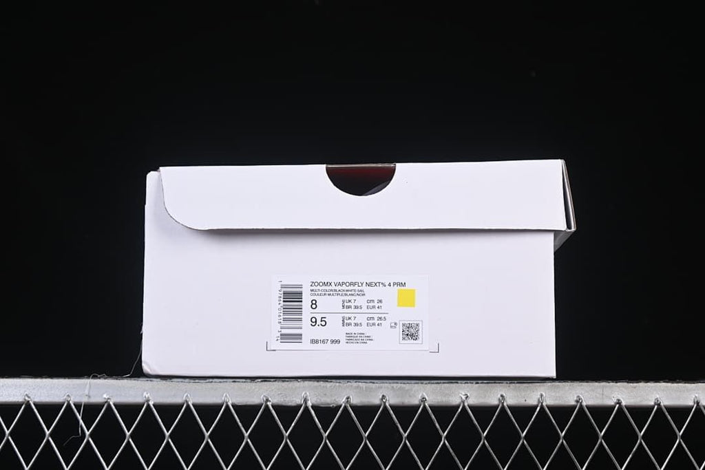 Shoebox label identifying ZoomX Vaporfly NEXT% 4, color description, style code, and sample sizes