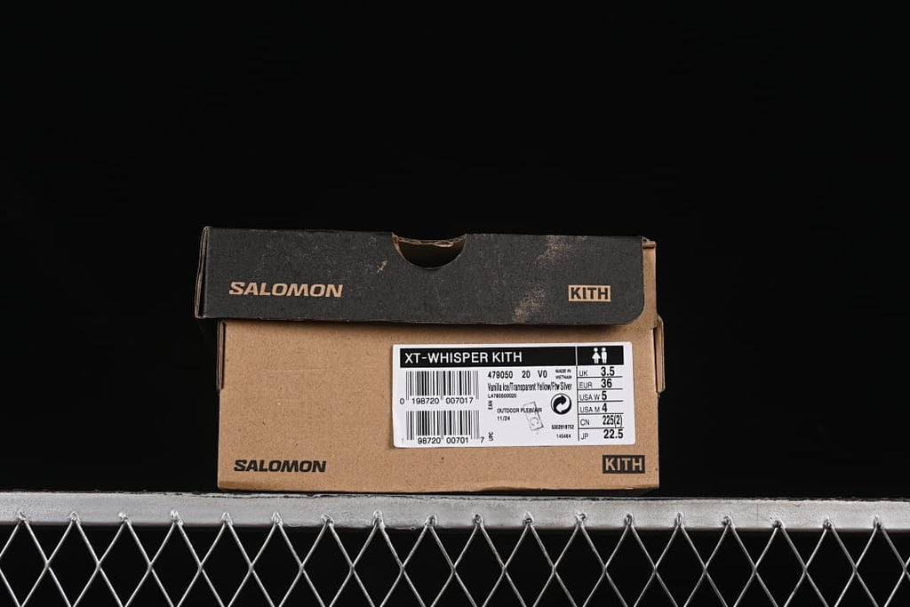Salomon and Kith shoe box with XT-Whisper label showing EU 36 and style code 479050