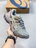 Gray ASICS Gel-Kahana 8 FL sneaker shown from the outer side, with burgundy accents and a textured outsole.