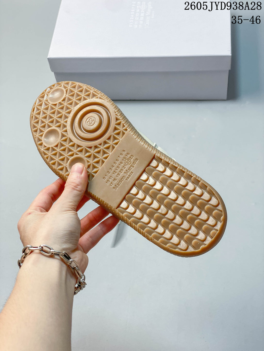 Close-up of the patterned gum-colored outsole