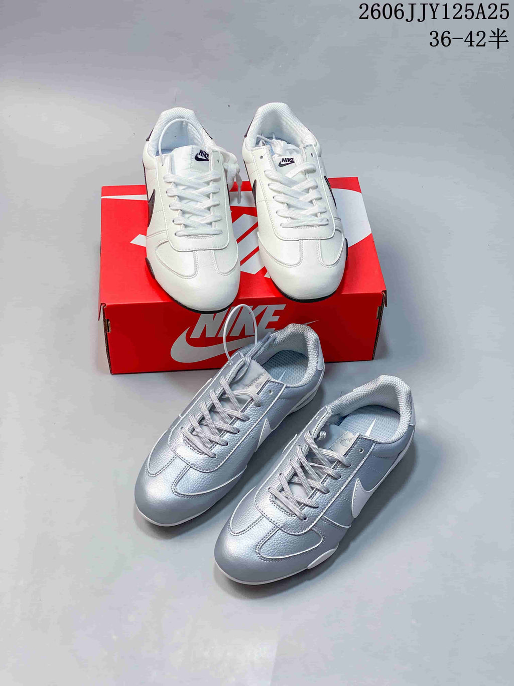 White and metallic silver Nike Sprint Sister sneakers shown together