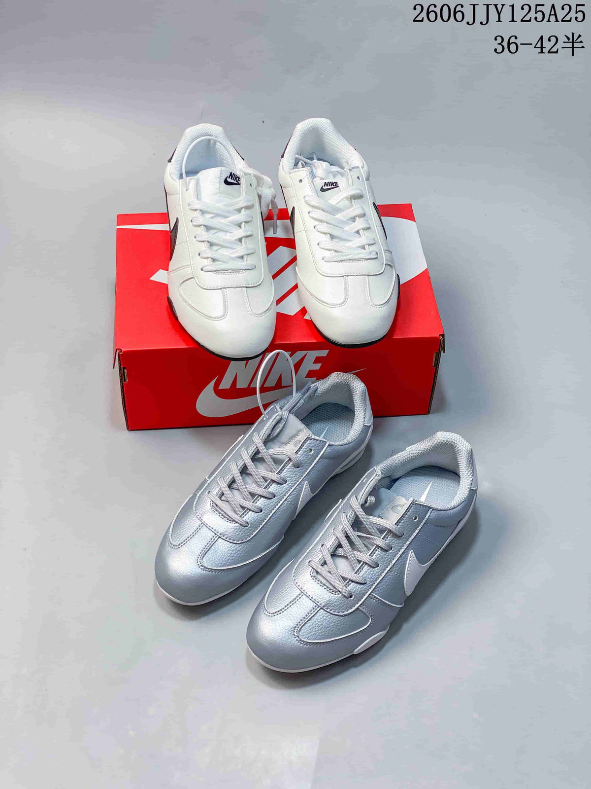 White and metallic silver Nike Sprint Sister sneakers shown together