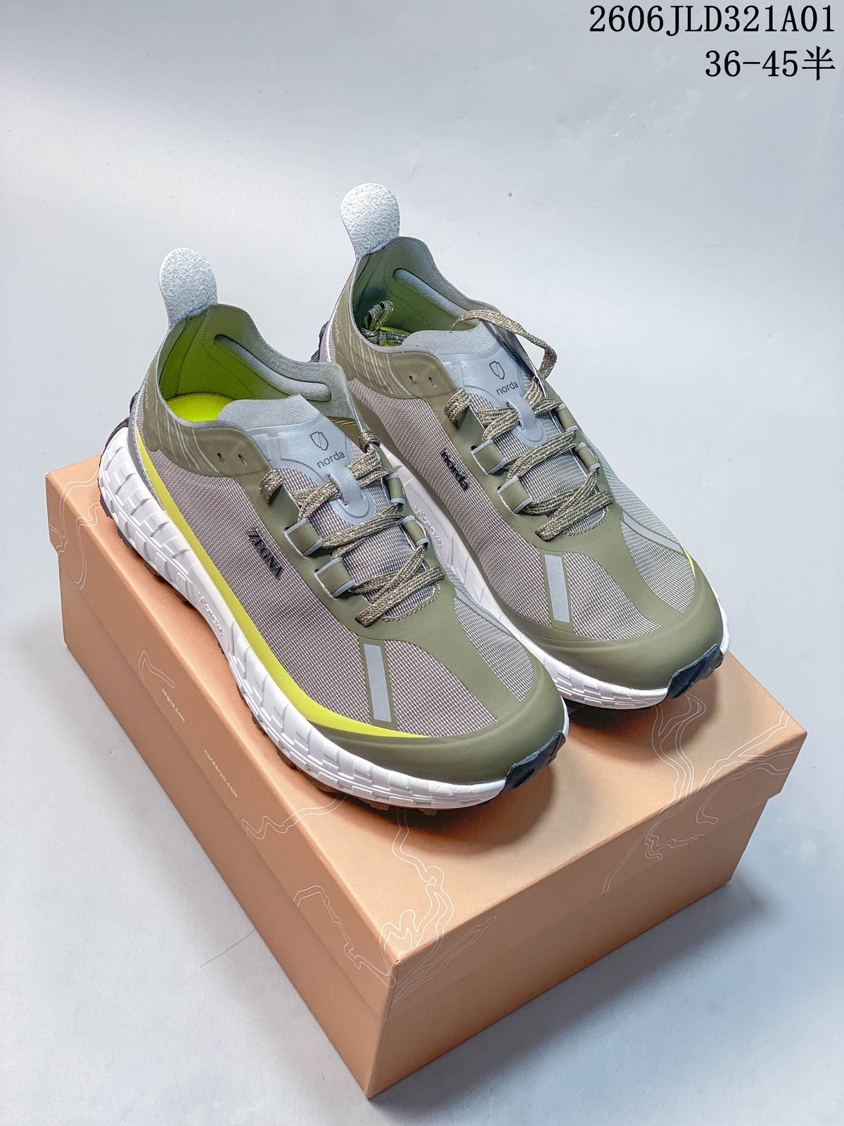 Pair of olive green and grey NORDA 001 running shoes with white midsoles and dark lugged outsoles.