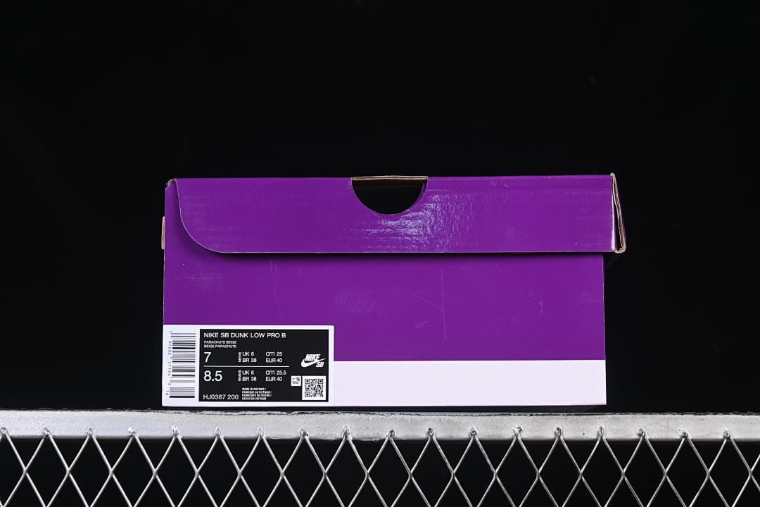 Purple Nike SB Dunk Low Pro B shoe box with product label