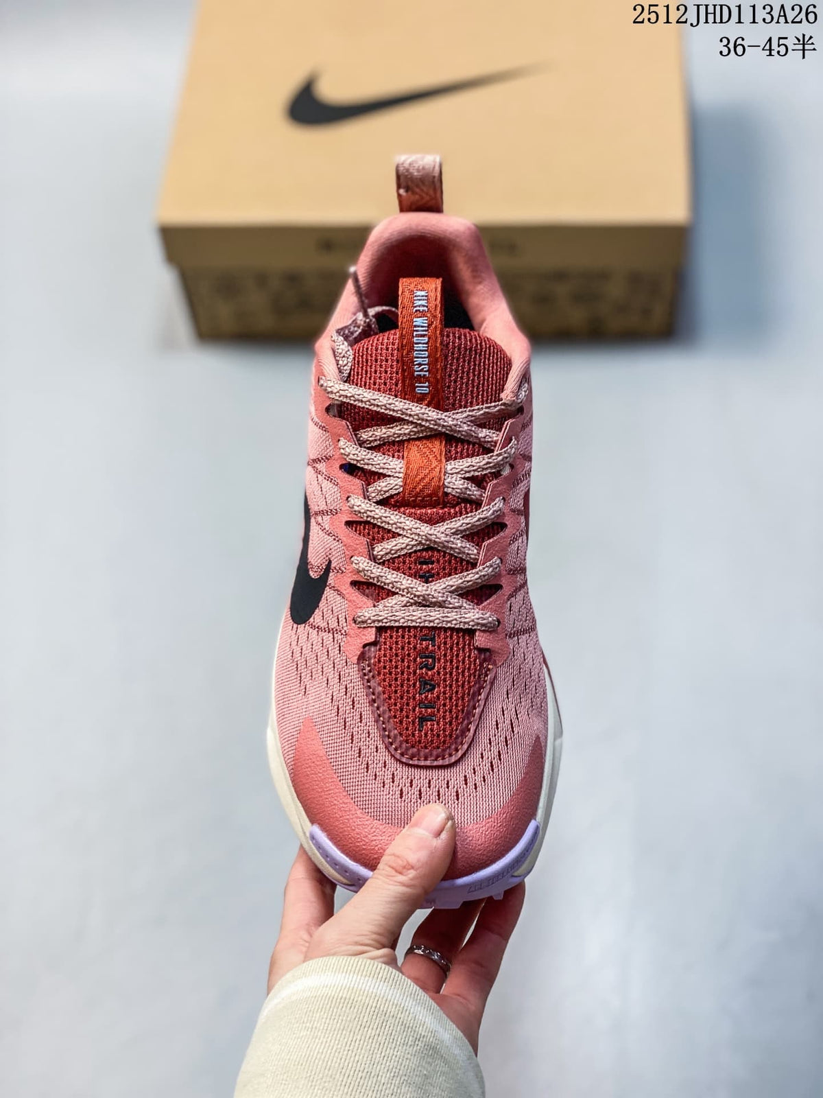 Front view of the Nike Wildhorse 10 showing its laces, tongue label, and upper.