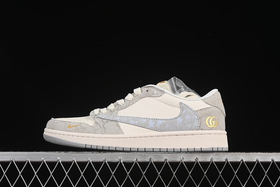 Side view of an off-white and gray low-top sneaker with a light-colored Swoosh and gold-tone heel detail.