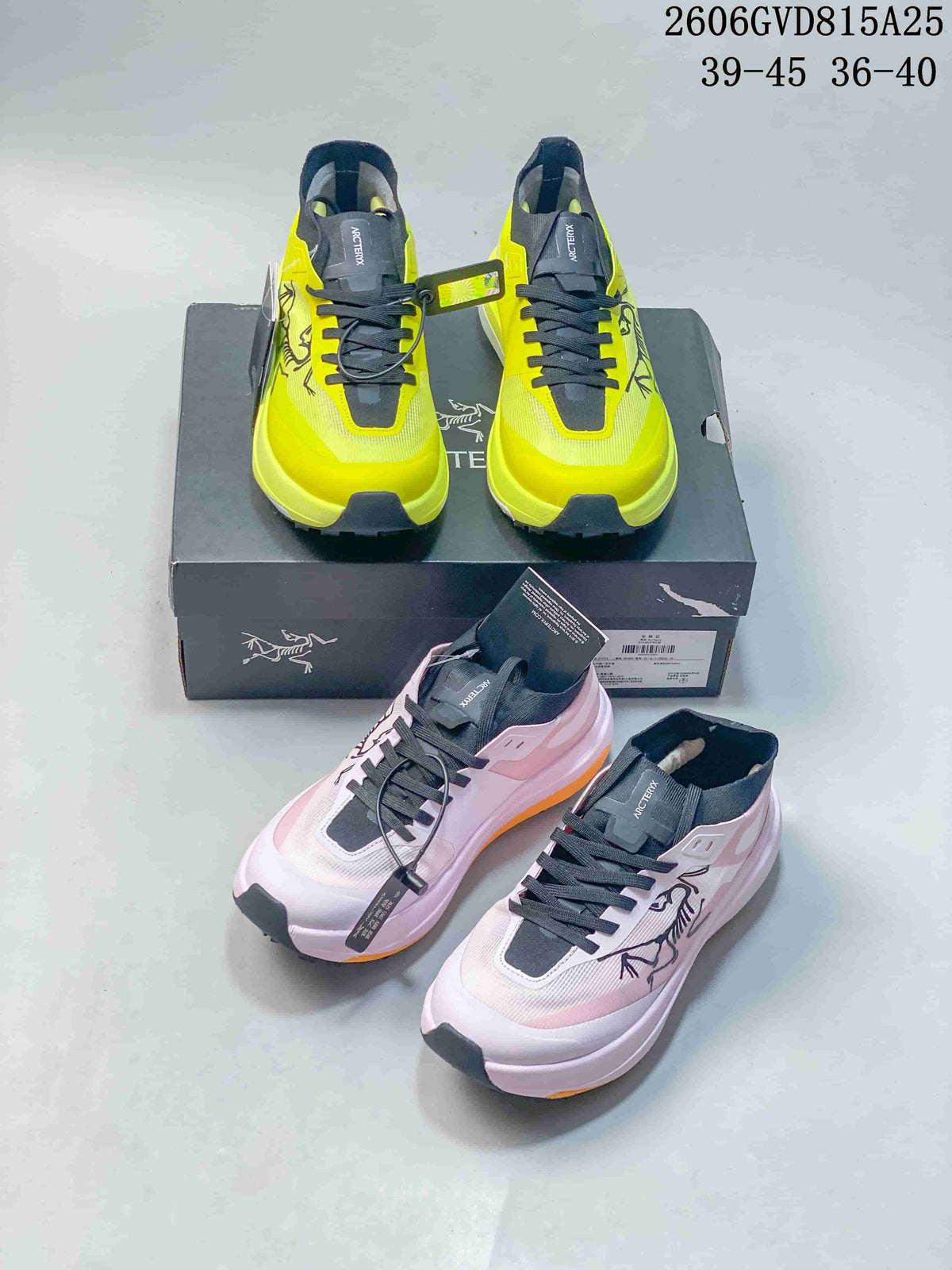 Yellow and pink Arc'teryx KNORVAN SY shoes shown from several angles.