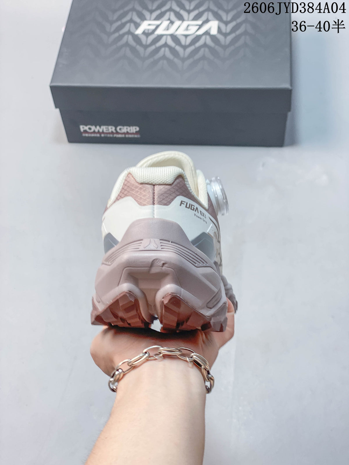 Rear view showing the heel and outsole of an off-white and rose Kailas FUGA EX3 BOA shoe