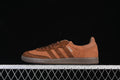 Side view of brown adidas Samba JI3266 sneakers with tonal stripes and a gum-colored sole