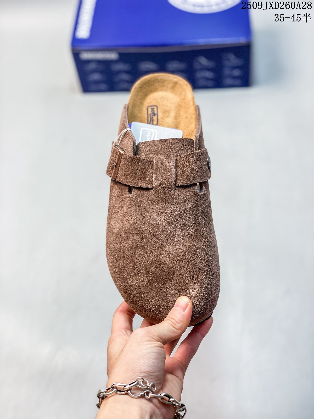 Top view of the mule showing its rounded closed toe and broad strap