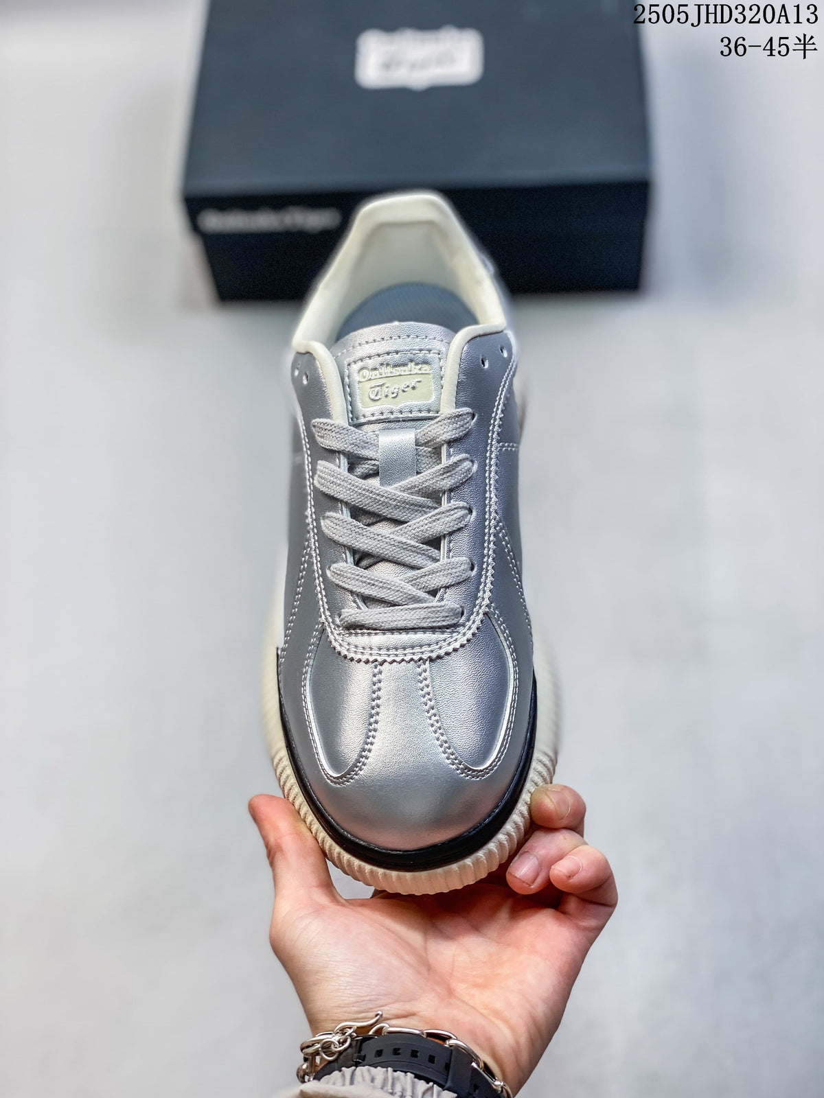 Front view of the silver lace-up sneaker
