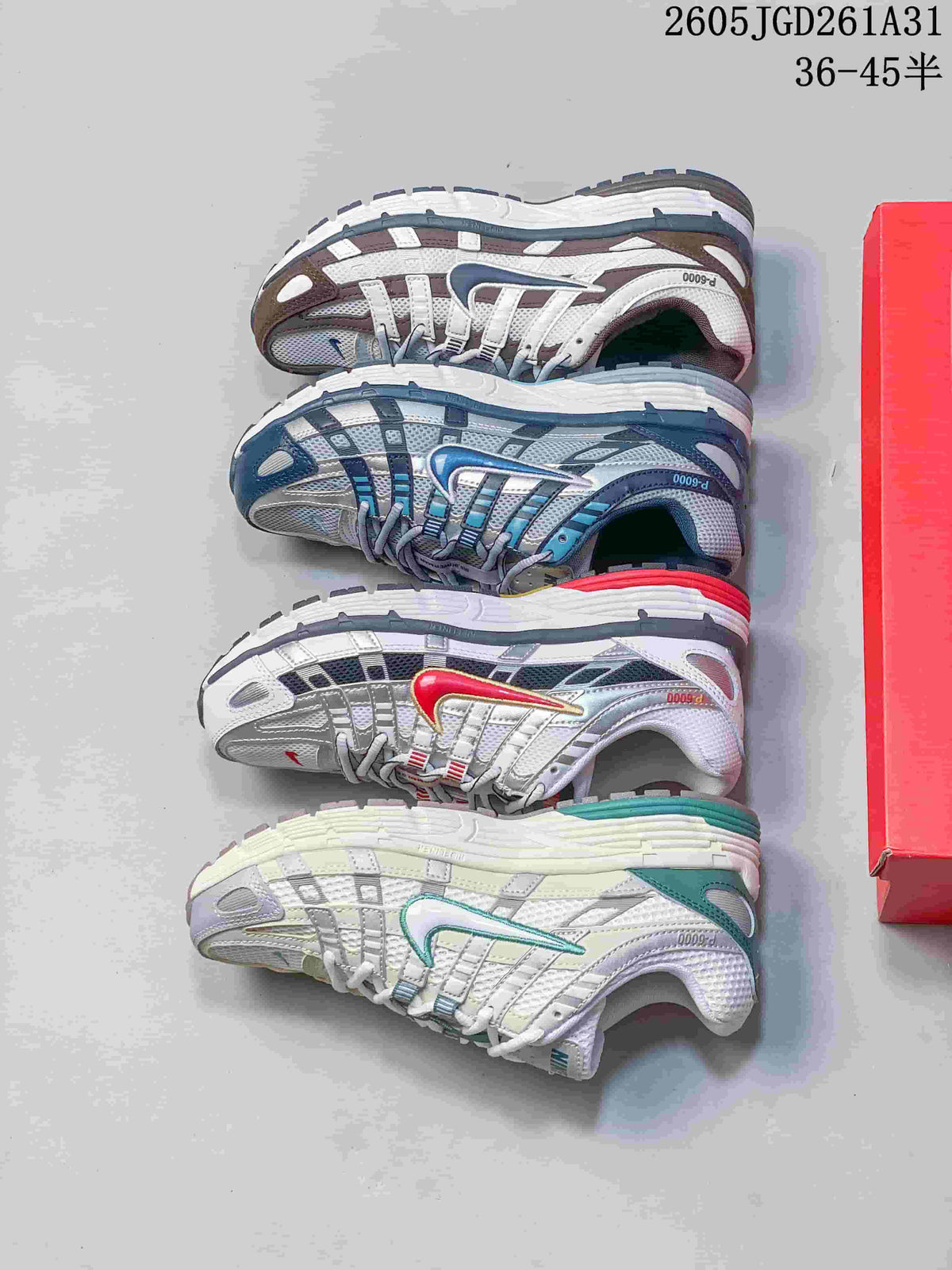 Four Nike P-6000 color combinations shown from the side.