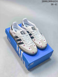 Three Adidas Samba floral sneaker colorways shown from the side.